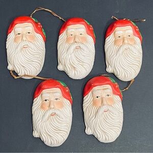Vintage Old World Santa Clause Head Bisque Porcelain Christmas Ornament Set Of 5